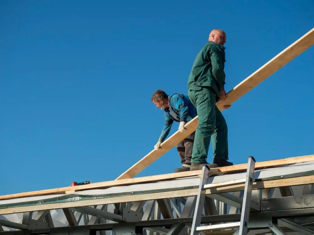 Collègues Ajustent Une Planche De Bois Sur Le Toit